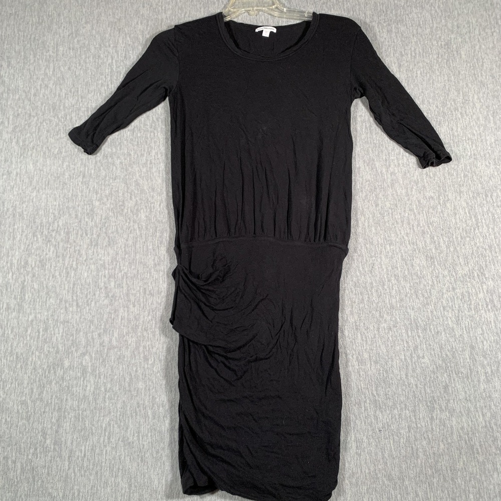 James Perse Dress Womens Small Black Ruched Midi 3/4 Sleeve Knit Casual WUC6734